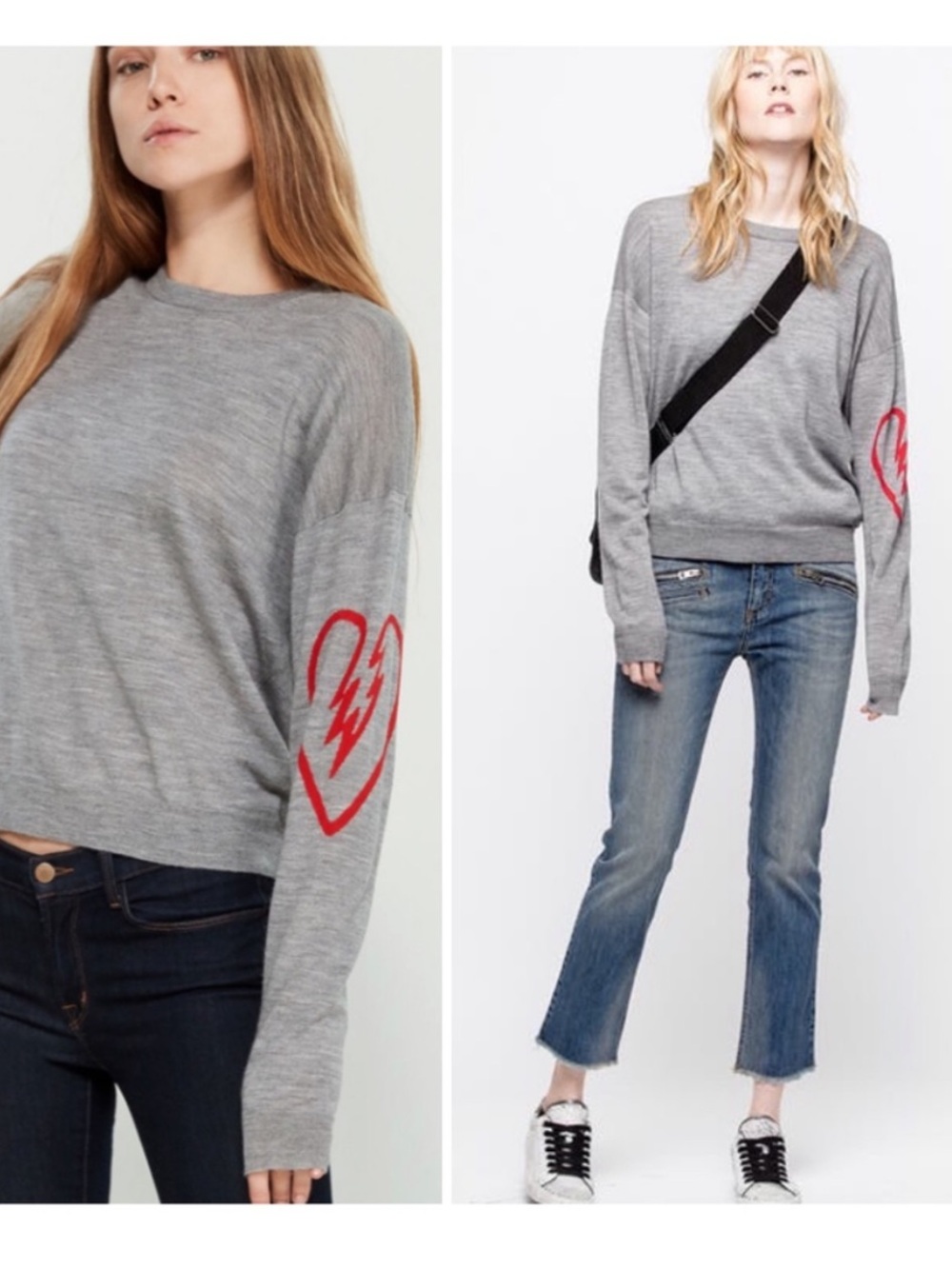 Zadig & Voltaire 100% Merino Wool Broken Heart Sweater Grey Red Medium